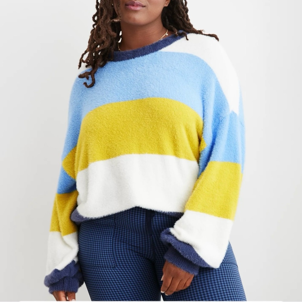 Aerie Flurry Rugby Stripes Fuzzy Oversized Crew Neck Sweater Blue Green‎ Medium - Picture 3 of 15